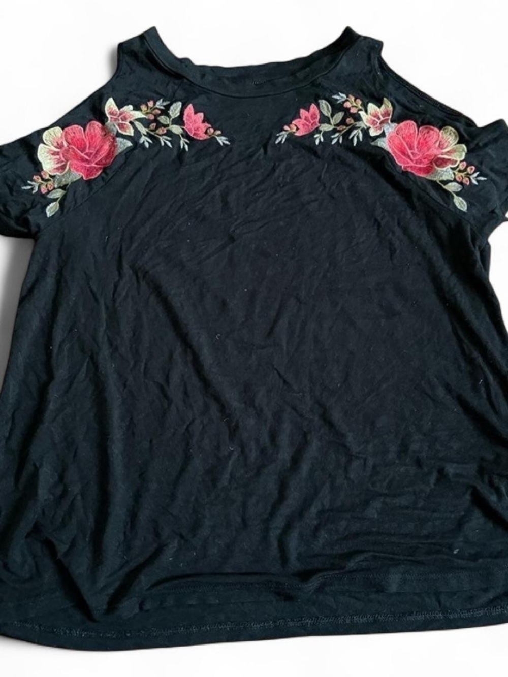 American Eagle Outfitters Black Cold-Shoulder Top with Pink Floral Embroidery